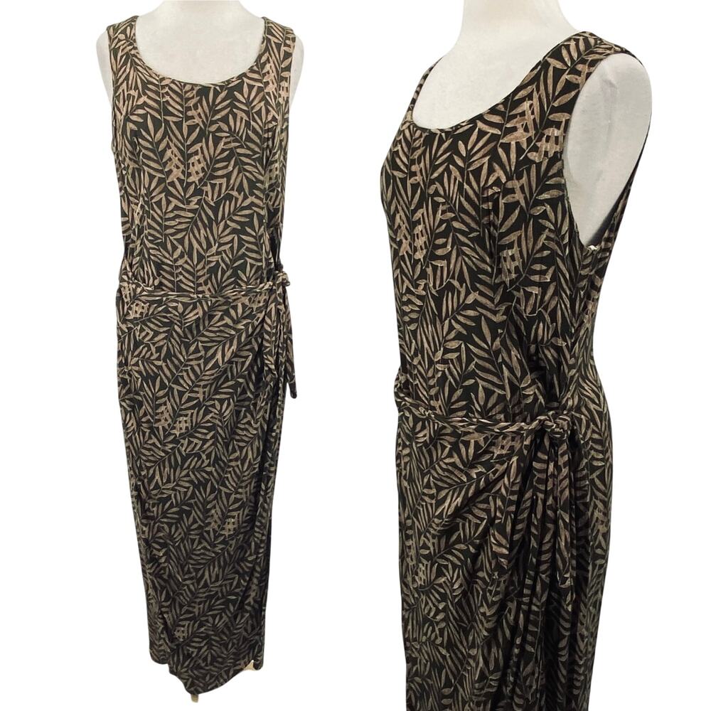 Vintage 90s Wrap Front Maxi Dress Side Tie Sleeveless Leaf Print Green Womens XL